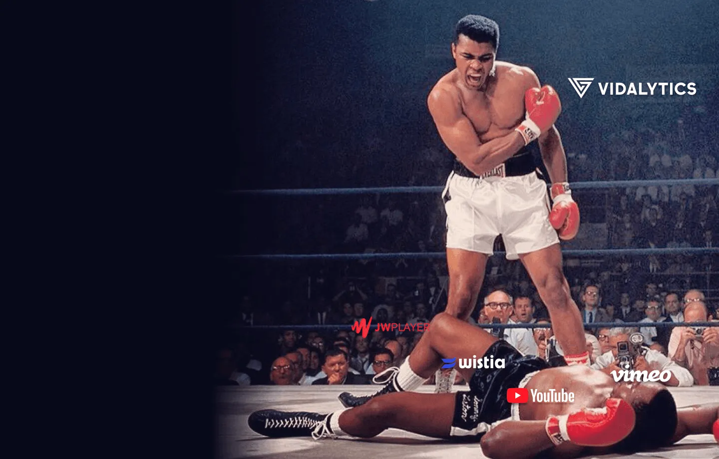 A famous boxing match photo showing Muhammad Ali standing victorious over his fallen opponent in the ring. The image is overlaid with logos for Vidalytics, YouTube, Wistia, JWPlayer, and Vimeo.